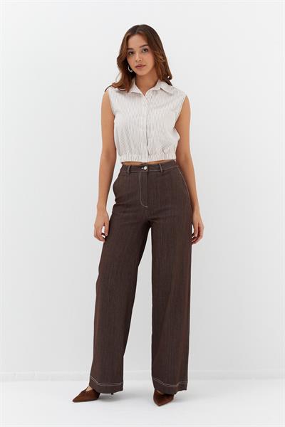 Çizgili Taşlı Kolsuz Gömlek Bej