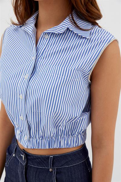 Çizgili Taşlı Kolsuz Gömlek İndigo