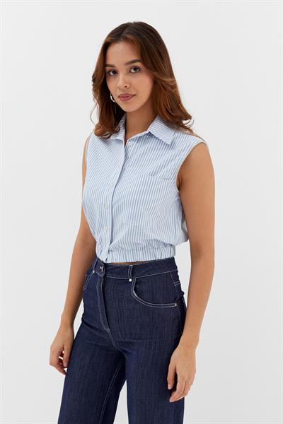Çizgili Taşlı Kolsuz Gömlek Mavi
