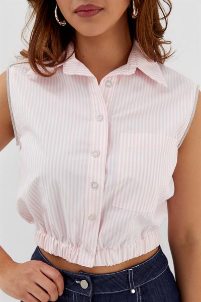 Çizgili Taşlı Kolsuz Gömlek Pembe
