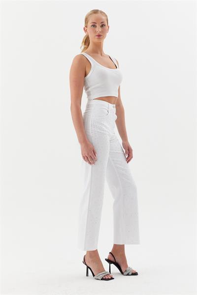 Dağınık Serpme Taşlı Pantolon Beyaz