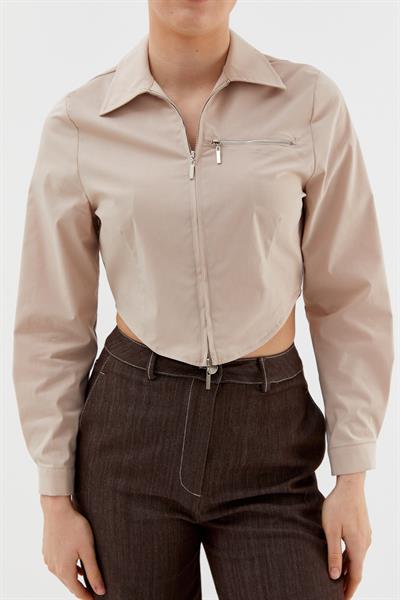 Fermuarlı Crop Gömlek  Bej