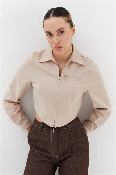 Fermuarlı Crop Gömlek  Bej