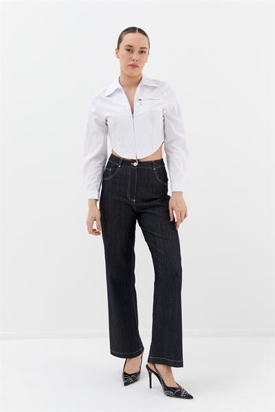 Fermuarlı Crop Gömlek Beyaz