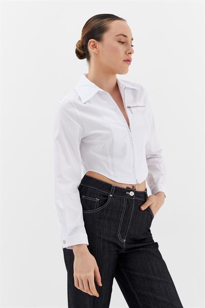 Fermuarlı Crop Gömlek Beyaz