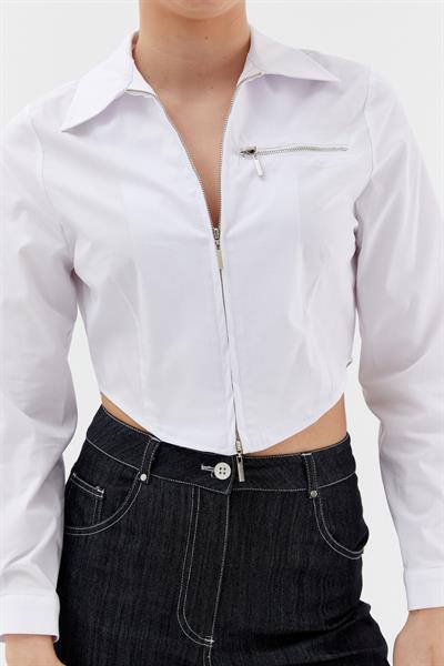 Fermuarlı Crop Gömlek Beyaz