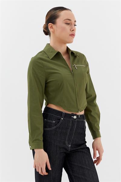 Fermuarlı Crop Gömlek Haki