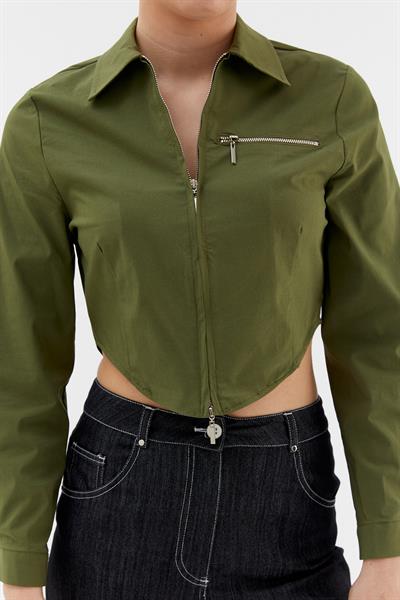 Fermuarlı Crop Gömlek Haki
