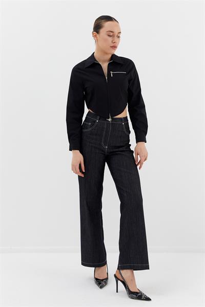 Fermuarlı Crop Gömlek Siyah