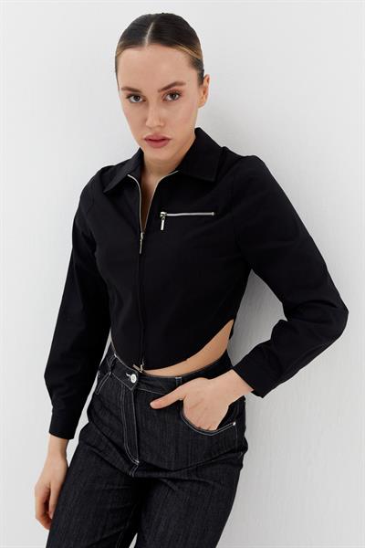 Fermuarlı Crop Gömlek Siyah