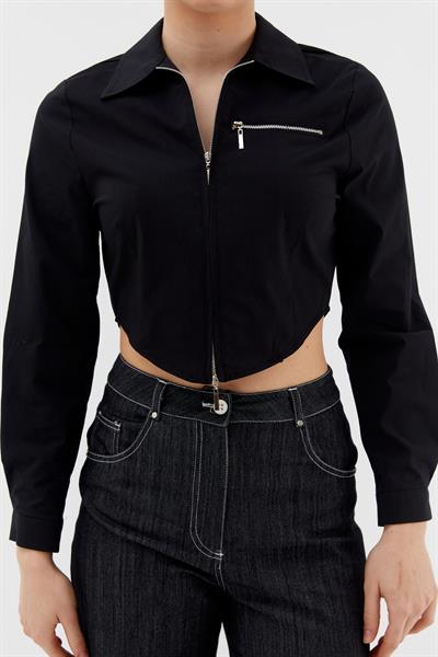 Fermuarlı Crop Gömlek Siyah