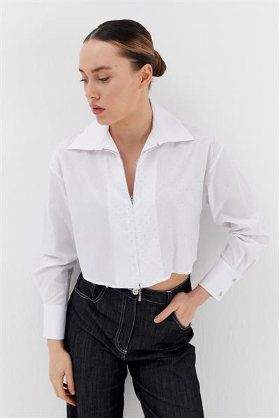 Fermuarlı Taş Detaylı Crop Gömlek Beyaz