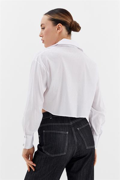 Fermuarlı Taş Detaylı Crop Gömlek Beyaz
