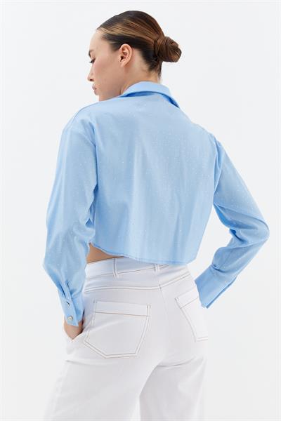 Fermuarlı Taş Detaylı Crop Gömlek Mavi
