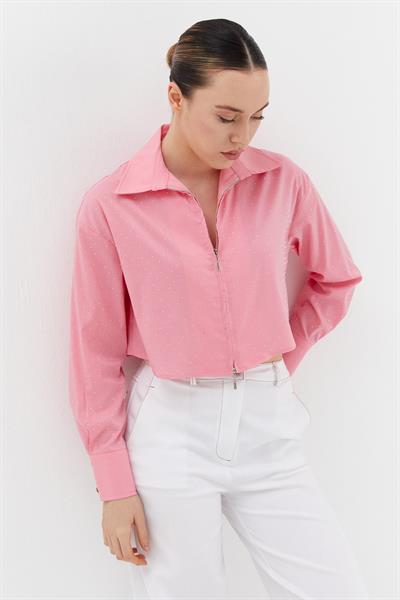 Fermuarlı Taş Detaylı Crop Gömlek Pembe