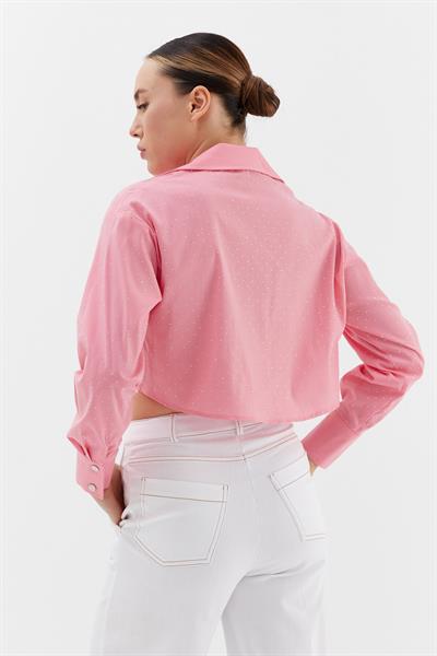 Fermuarlı Taş Detaylı Crop Gömlek Pembe