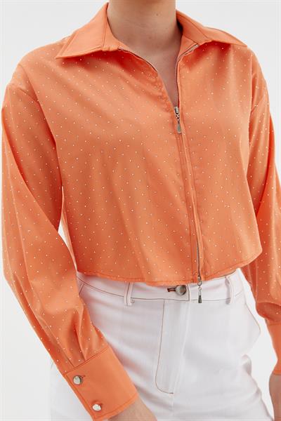 Fermuarlı Taş Detaylı Crop Gömlek Turuncu