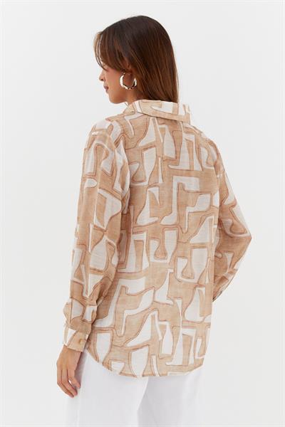 Geometrik Desenli İnce Gömlek Bej