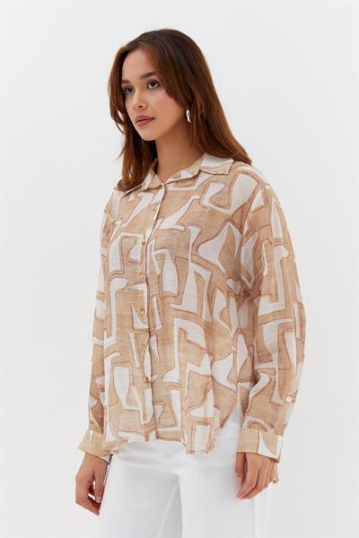 Geometrik Desenli İnce Gömlek Bej