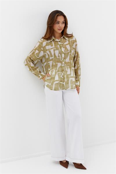 Geometrik Desenli İnce Gömlek Haki