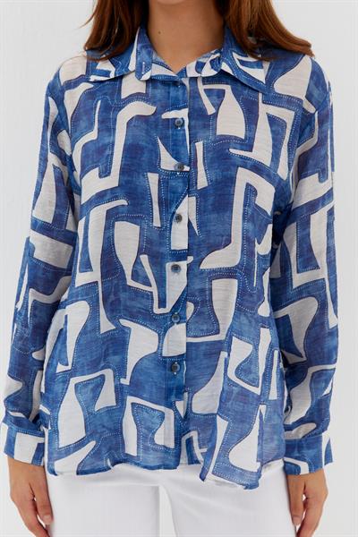 Geometrik Desenli İnce Gömlek İndigo