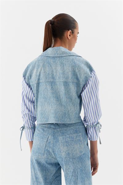 Kolları Çizgili Poplinli Taşlı Denim Mavi