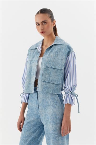 Kolları Çizgili Poplinli Taşlı Denim Mavi