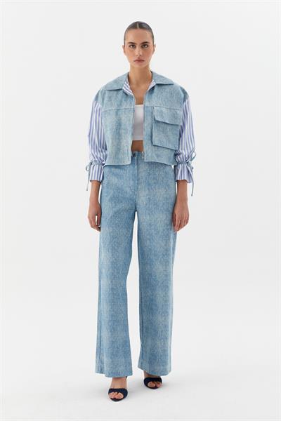 Kolları Çizgili Poplinli Taşlı Denim Mavi