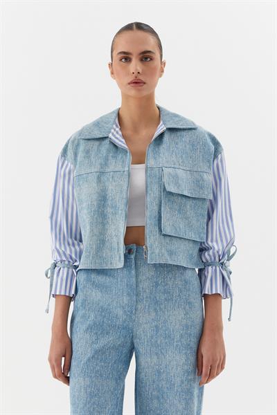 Kolları Çizgili Poplinli Taşlı Denim Mavi