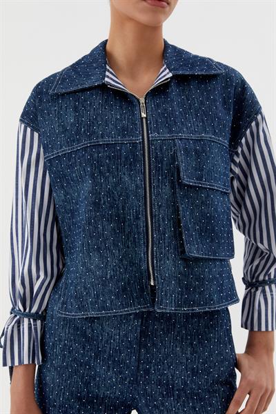 Kolları Çizgili Poplinli Taşlı Denim Lacivert