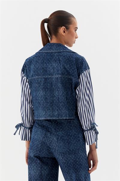 Kolları Çizgili Poplinli Taşlı Denim Lacivert