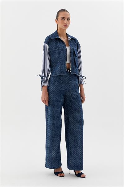Kolları Çizgili Poplinli Taşlı Denim Lacivert