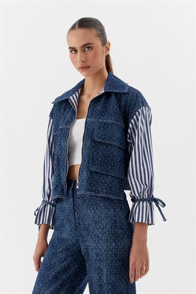 Kolları Çizgili Poplinli Taşlı Denim Lacivert