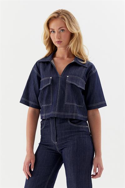 Önü Cepli Kısa Kollu Ceket İndigo