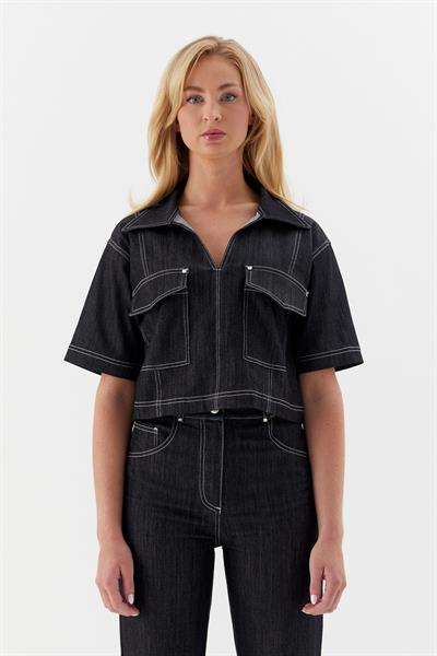 Önü Cepli Kısa Kollu Ceket Siyah