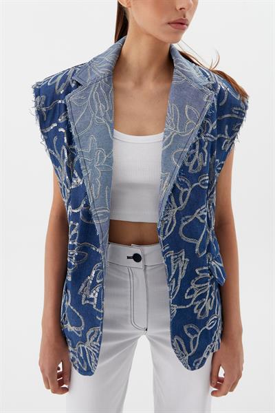 Oversize Pullu Nakış İşlemeli Yelek İndigo