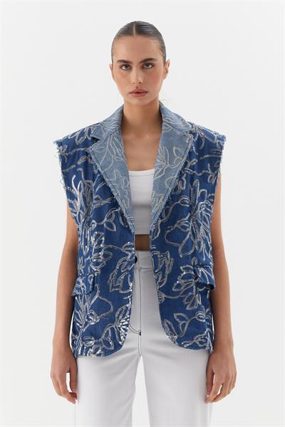 Oversize Pullu Nakış İşlemeli Yelek İndigo