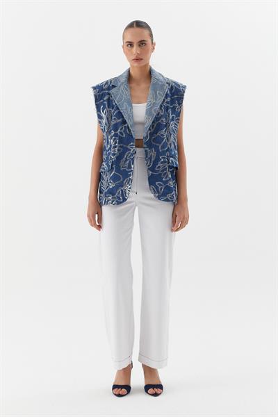 Oversize Pullu Nakış İşlemeli Yelek İndigo