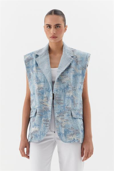 Oversize Pullu Nakış İşlemeli Yelek Mavi