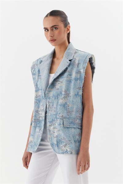 Oversize Pullu Nakış İşlemeli Yelek Mavi