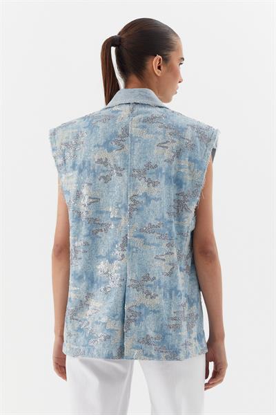 Oversize Pullu Nakış İşlemeli Yelek Mavi