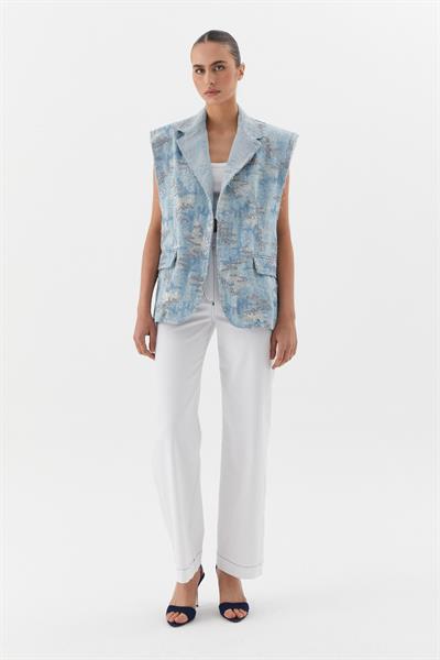 Oversize Pullu Nakış İşlemeli Yelek Mavi