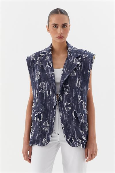 Oversize Yırtık Denim Yelek 