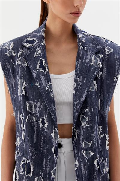 Oversize Yırtık Denim Yelek 