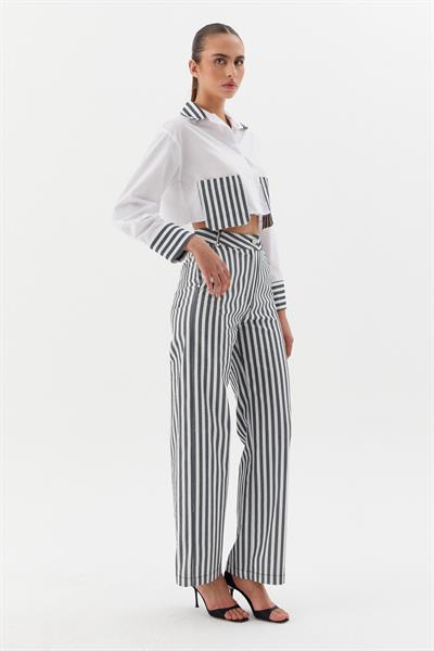 Poplin Çizgili Denimli Gömlek Beyaz / Siyah