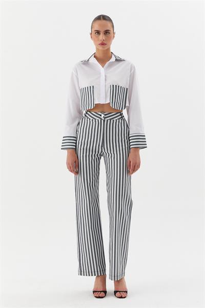 Poplin Çizgili Denimli Gömlek Beyaz / Siyah