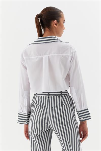 Poplin Çizgili Denimli Gömlek Beyaz / Siyah