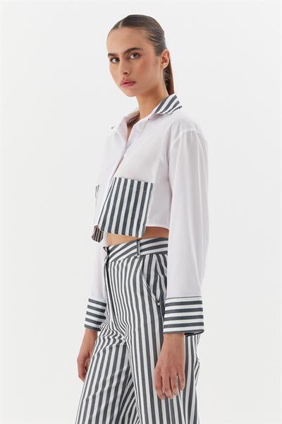 Poplin Çizgili Denimli Gömlek Beyaz / Siyah