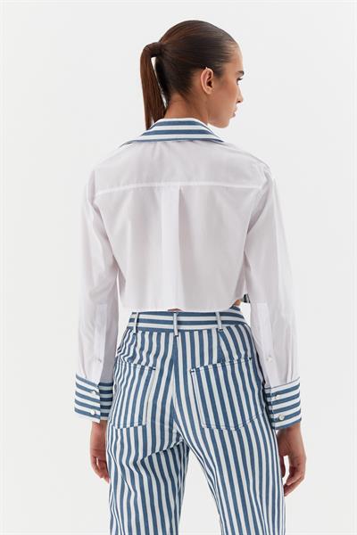 Poplin Çizgili Denimli Gömlek Beyaz / İndigo