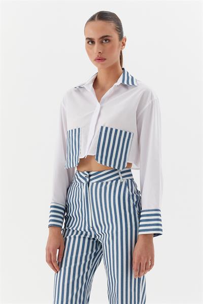 Poplin Çizgili Denimli Gömlek Beyaz / İndigo